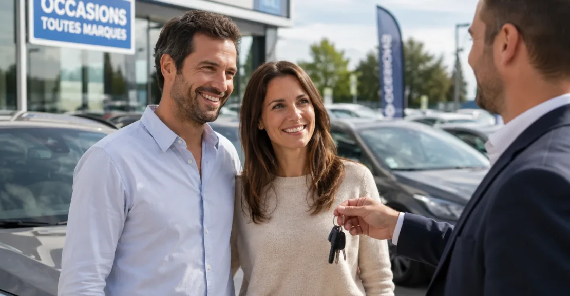 Couple recevant les clés de leur voiture d'occasion chez un marchand auto à Nancy