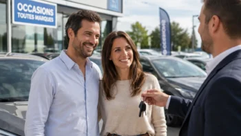 Couple recevant les clés de leur voiture d'occasion chez un marchand auto à Nancy
