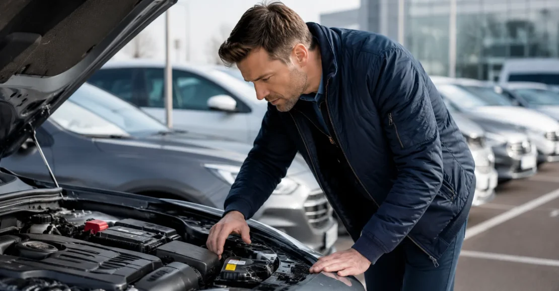 Homme vérifiant le moteur d'une voiture d'occasion avant achat chez un marchand auto à Nancy