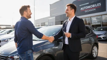 Poignée de main pour la reprise d'une voiture d'occasion chez un marchand auto à Nancy